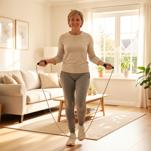 woman jumping rope in living room